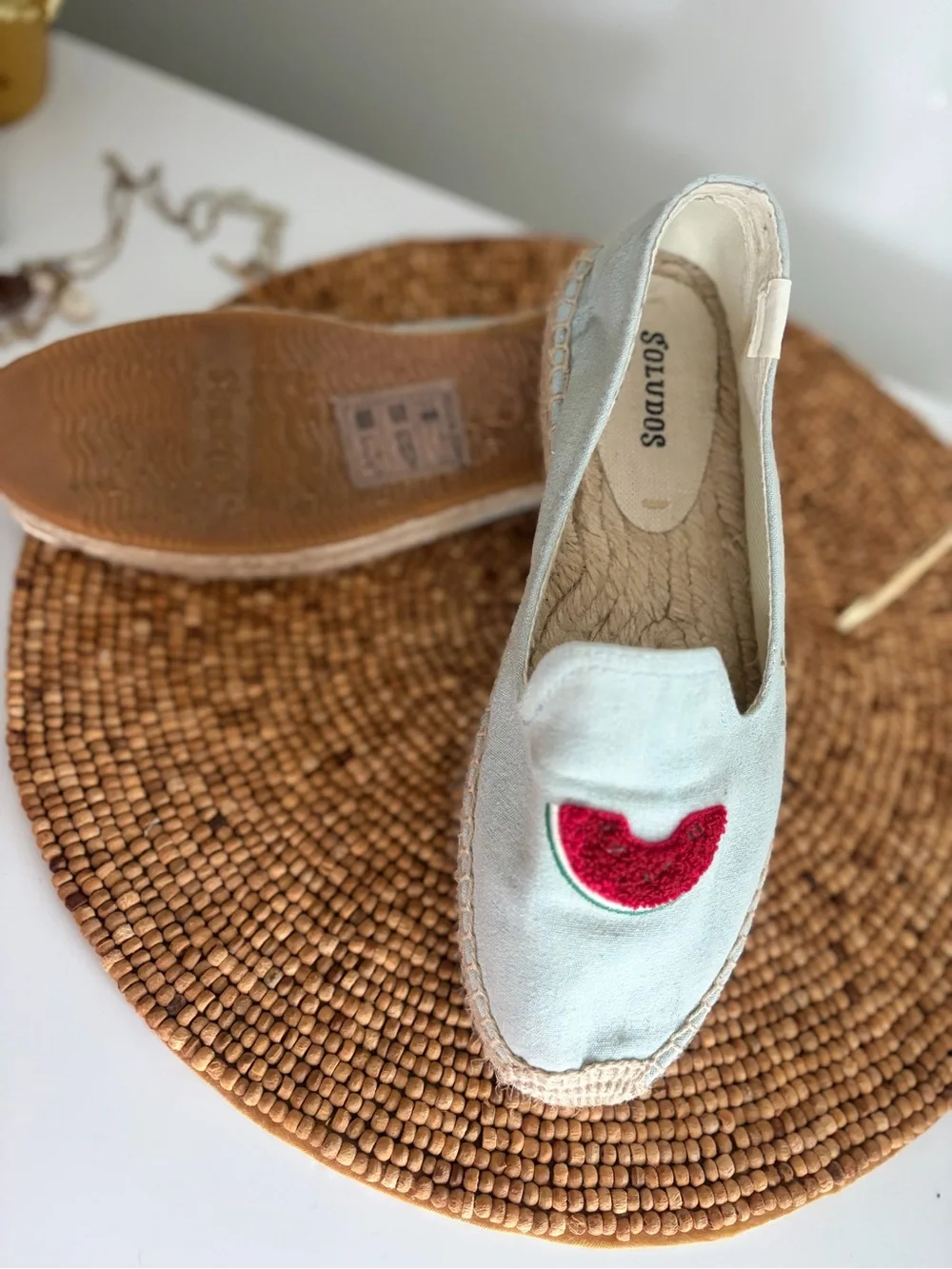 Soludos Women's Light Blue Espadrille Loafers with Watermelon Patch